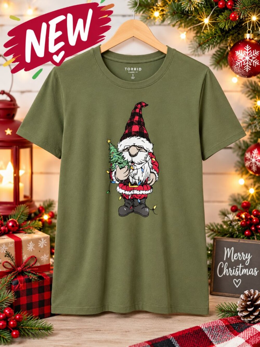 NEW!!! SANTA GNOME Green Crew Neck Tee - 100% Cotton - TORRID - SIZE 2X